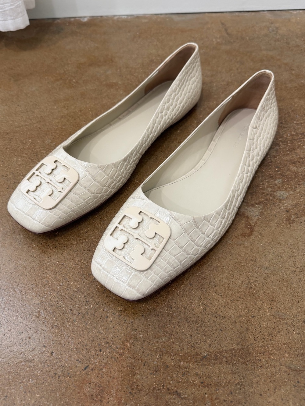 Tory Burch Georgia Square-Toe Croc-Embossed Leather Ballet Flats